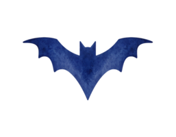 flying bat silhouette in dark blue watercolor texture with wings spread wide on isolated background for halloween spooky design and decoration png