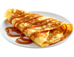 folded crepe with golden caramel drizzle on white plate on isolated background sweet dessert breakfast concept png
