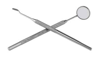 pair of stainless steel dental scaler and mouth mirror crossed together for oral hygiene checkup on isolated background with reflective textured handle for dentist tools concept png