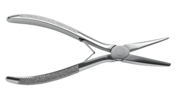 dental clamp forceps with textured grip and pointed tip, stainless steel surgical tool for dental procedures, precision instrument on isolated background png