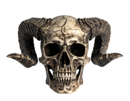 ancient demon skull with large twisted horns and deep cracked texture on isolated background png