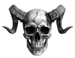 cracked demon skull with large curved horns and dark gothic texture on isolated background png