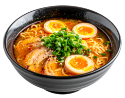 japanese ramen noodle soup with soft boiled egg chashu pork and garlic oil in bowl on isolated background png