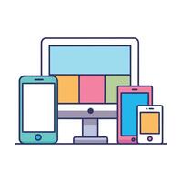 Digital devices illustration computer monitor, mobile phones, and tablet on white background vector