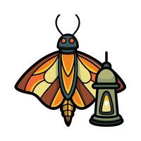 Stylized graphic of a moth with warm colored wings next to a lantern vector