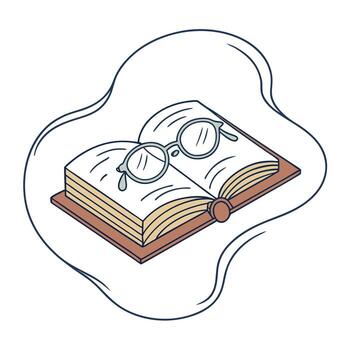Open book with glasses resting on pages in a wavy outline vector