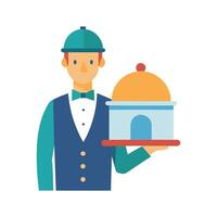 Flat illustration of a waiter carrying a tray with a covered dish. vector