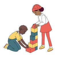 Two children building a tower with colorful blocks illustration on white vector