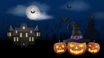 halloween background with animated bats on scary landscape with haunted house and pumpkins. looped animation with bats. halloween motion graphic video