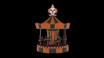 halloween animated carousel with orange and black stripes and evil clown head on black screen. haloween motion graphic video