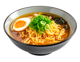 japanese ramen noodle soup with soft boiled egg seaweed scallion and soy broth in ceramic bowl on isolated background png