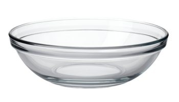clear glass mixing bowl, empty transparent round dish for kitchen or cosmetic use, minimal glass container with smooth edge, on isolated background png