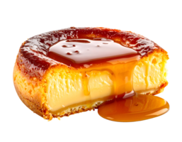 custard tart dessert with caramel syrup oozing from creamy center on isolated background macro food photography png