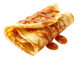 folded crepe dessert with dripping caramel sauce on isolated background golden pancake sweet breakfast treat concept png
