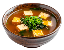 traditional japanese miso soup with tofu wakame scallion sesame seeds and sesame oil in ceramic bowl on isolated background png