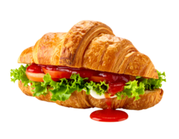 crispy croissant sandwich with lettuce tomato mayonnaise and ketchup dripping on isolated background delicious breakfast or lunch food concept png