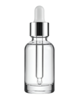 clear glass dropper bottle with white rubber and silver cap, minimal cosmetic packaging for serum or facial oil, empty transparent container, on isolated background png