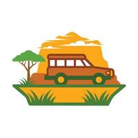 Flat illustration of SUV car driving on safari with African landscape vector