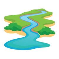 Isometric Illustration of a Winding River Flowing Through Green Terrain vector
