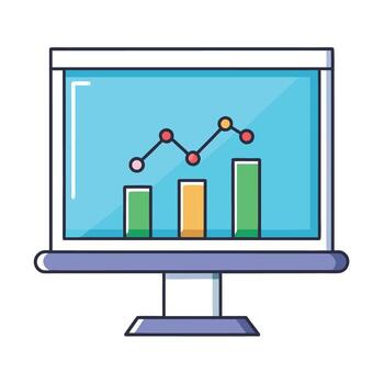 Stylized monitor displaying a stock market bar and line chart in flat design. vector