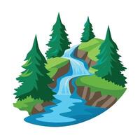 Scenic Waterfall Landscape Surrounded by Evergreen Trees on Green Hillside in Cartoon Style vector