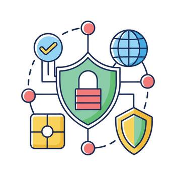 red seguridad proteccion gráfico ilustración con candado, marca de verificación, y globo para datos seguridad vector