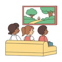 Children watching television on a sofa in a stylized cartoon scene vector