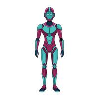 Futuristic female android standing straight with teal and magenta colored armor in cartoon style vector