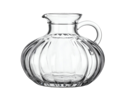 clear glass decanter with fluted round body and short spout, elegant vintage pitcher with circular handle, transparent container on isolated background png