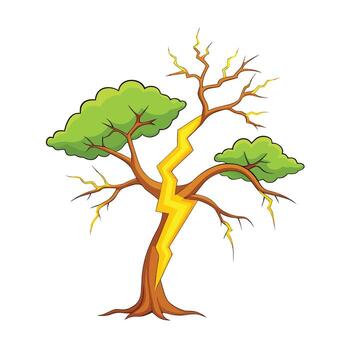 Stylized cartoon tree struck by lightning, symbolizing power, resilience, and overcoming challenges vector