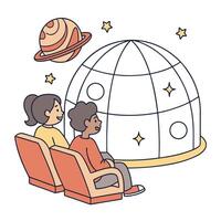 Illustration of people watching celestial objects in a planetarium with stars vector