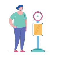 Woman standing next to a vintage style weight scale with a pastel color palette vector