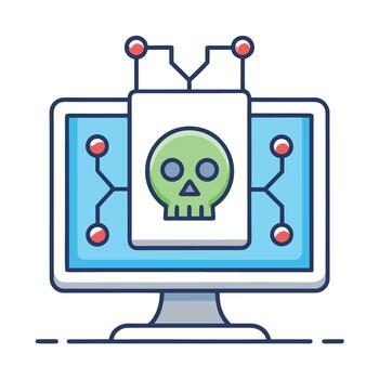 Computer screen with green skull depicting malware attack and system vulnerability vector