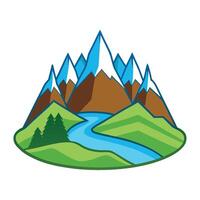 Illustrated mountain landscape with river, trees, and snow-capped peaks in flat style vector