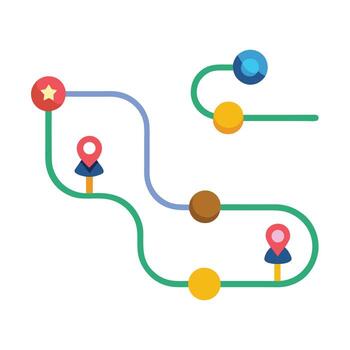 Colorful route map illustration with destination pin, checkpoints, and curved lines. vector