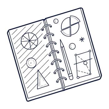 Open spiral notebook with pencil showing geometric sketches and diagrams in simple line drawing style vector