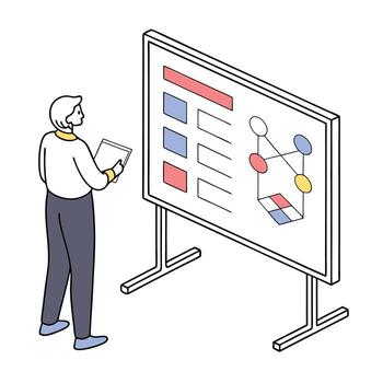 Isometric illustration of a man presenting data on a whiteboard during a meeting vector