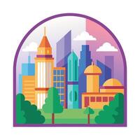 Modern cityscape illustration with flat design style in arch shape vector