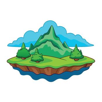 Cartoon floating island with mountains, trees, and sky for game design vector