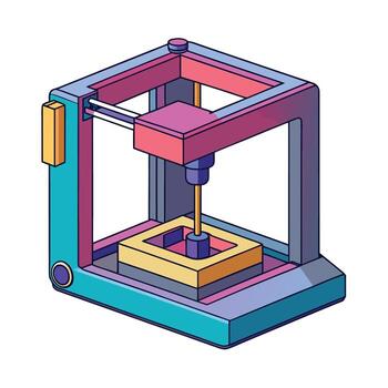 Stylized 3D printer in isometric view with a playful and modern color palette vector