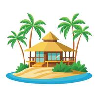 Tropical Island Resort Illustration with Palm Trees and Bungalow in Cartoon Style vector