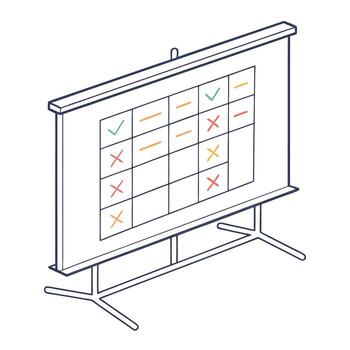 isométrica proyección tablero con cuadrícula y varios Toma de decisiones símbolos desplegado vector