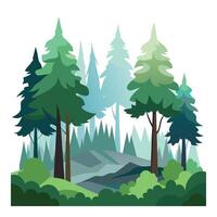 Stylized evergreen forest illustration with hills and bright colors on white background vector