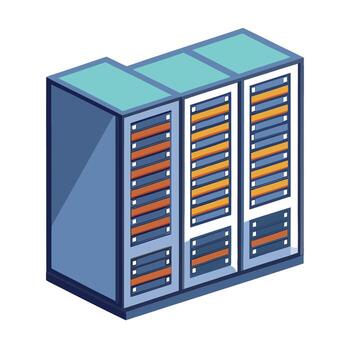 Isometric server rack illustration showcasing data storage, network infrastructure, and cloud computing vector