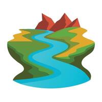 Scenic flat design landscape illustration with river flowing through hills and mountains vector