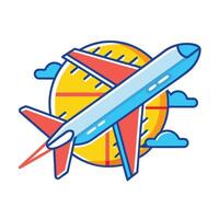 A stylized airplane flying in front of a sun graphic with some clouds. vector