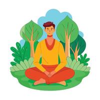 Man meditating in nature cartoon illustration promoting calmness and well-being vector