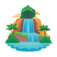 Colorful cartoon illustration of a waterfall flowing into a pool with lush vegetation vector