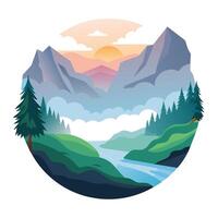 Mountain landscape with river in a circular frame and warm sunrise colors vector