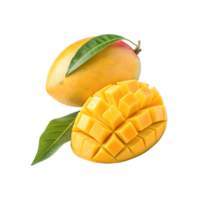 A yellow ripe mango with green leaves isolated on transparent background png